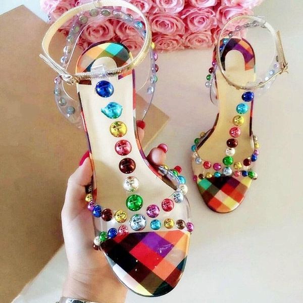 sandals designer lady fashion women's shoes multicolor grid studded spikes peep toe high heels slingback, Black
sandals designer lady fashion women's shoes multicolor grid studded spikes peep toe high heels slingback, Black