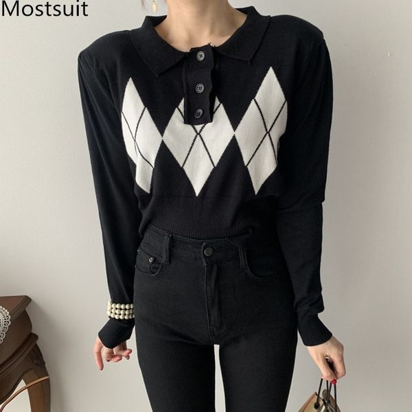 autumn korean rhombus knitted women sweaters long sleeve turn-down collar pullovers casual vintage ladies jumpers 210518, White;black
autumn korean rhombus knitted women sweaters long sleeve turn-down collar pullovers casual vintage ladies jumpers 210518, White;black