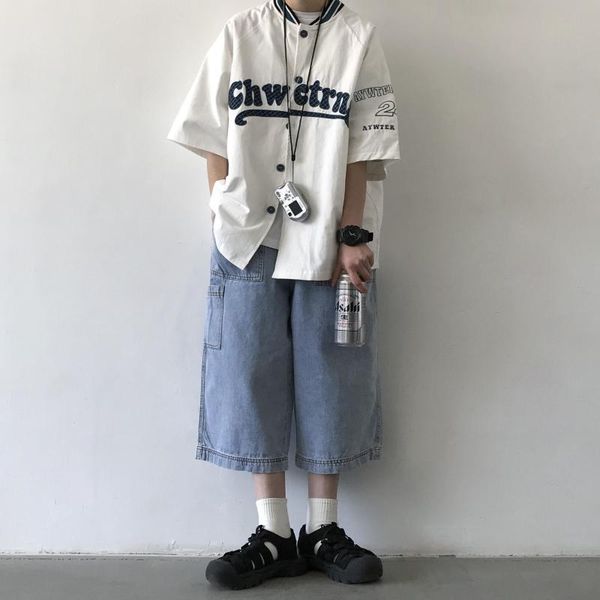 men's casual shirts summer japanese letters embroidered street baseball collar shirt-sleeved shirt men and women style loose blouse jac, White;black
men's casual shirts summer japanese letters embroidered street baseball collar shirt-sleeved shirt men and women style loose blouse jac, White;black