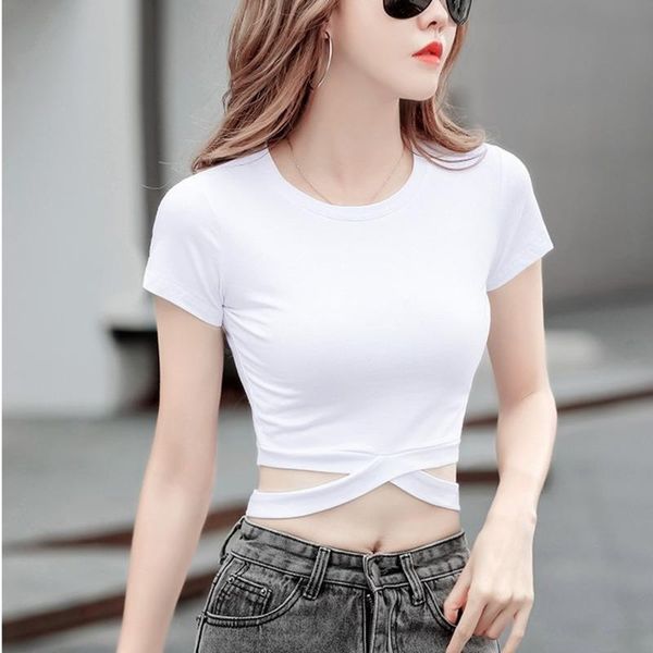 korean cross hollow waist short sleeve solid slim bottomed women's o-neck open navel t-shirt q91m, White
korean cross hollow waist short sleeve solid slim bottomed women's o-neck open navel t-shirt q91m, White