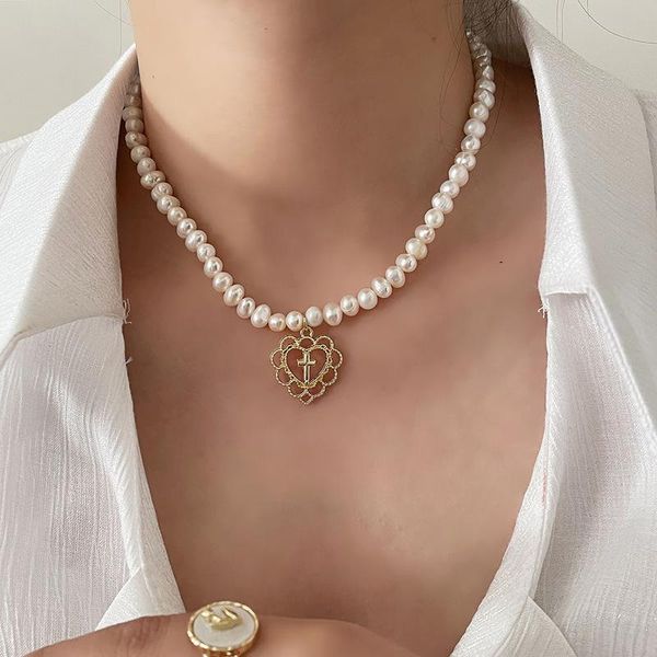 chokers minar fairy irregular baroque pearl beaded necklace for women metallic love heart cross pendant retro jewelry, Golden;silver 
chokers minar fairy irregular baroque pearl beaded necklace for women metallic love heart cross pendant retro jewelry, Golden;silver