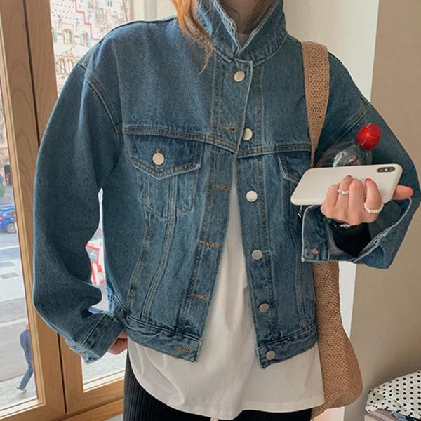 women's jackets women 2021 autumn korea elegant temperament ladies retro lapel double pocket long sleeves washed denim coat, Black;brown