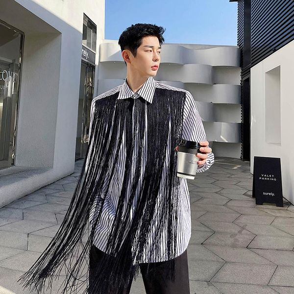 men's casual shirts 2021 tassel fashion long sleeve loose striped man streetwear vintage shirt stage clothing for male, White;black
men's casual shirts 2021 tassel fashion long sleeve loose striped man streetwear vintage shirt stage clothing for male, White;black