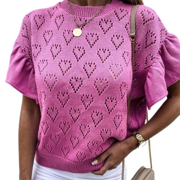 women's t-shirt woman t-shirts solid color knitted women short ruffle sleeve hollow heart camisetas de mujer, White
women's t-shirt woman t-shirts solid color knitted women short ruffle sleeve hollow heart camisetas de mujer, White