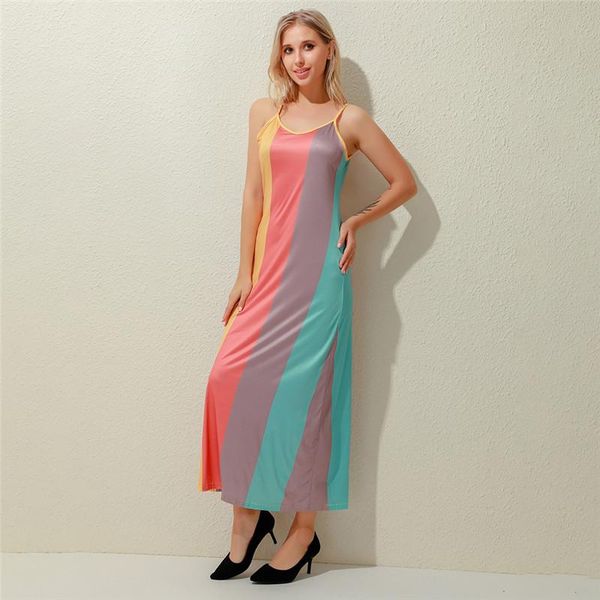 casual dresses women sling big swing dress boho rainbow colors elegant dazzling backless straps robe 2021 spring summer, Black;gray 
casual dresses women sling big swing dress boho rainbow colors elegant dazzling backless straps robe 2021 spring summer, Black;gray