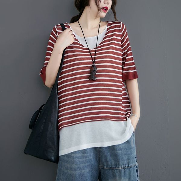 women summer casual t-shirts new summer simple style v-neck patchwork striped loose female fake 2 pieces tees s3502 210412, White
women summer casual t-shirts new summer simple style v-neck patchwork striped loose female fake 2 pieces tees s3502 210412, White