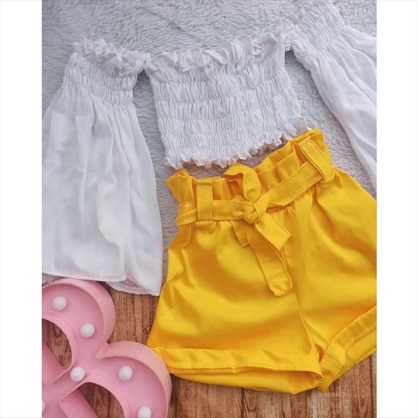 1 6y summer toddler girls clothes sets long flare sleeve off shoulder t shirts solid belt shorts, White
1 6y summer toddler girls clothes sets long flare sleeve off shoulder t shirts solid belt shorts, White