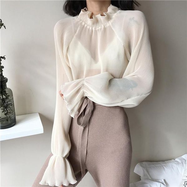 women blouses korean solid vintage fashion blouse spring stand collar shirts puff sleeve patchwork pleated blusas, White
women blouses korean solid vintage fashion blouse spring stand collar shirts puff sleeve patchwork pleated blusas, White