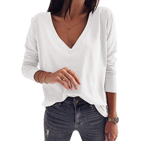 women's t-shirt ladies solid color long-sleeved slim womens autumn v neck tee shirt basic, White
women's t-shirt ladies solid color long-sleeved slim womens autumn v neck tee shirt basic, White