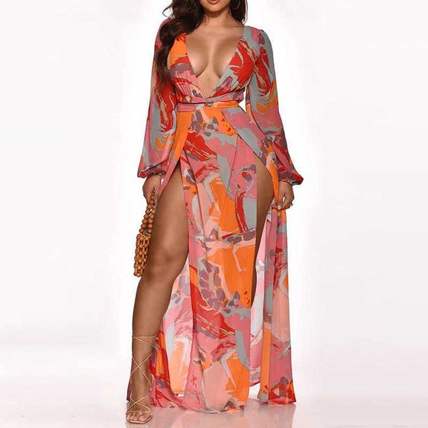 women elegant fashion party dress female vacation long sleeve plunge floral print high slit maxi dress 210716, Black;gray
women elegant fashion party dress female vacation long sleeve plunge floral print high slit maxi dress 210716, Black;gray
