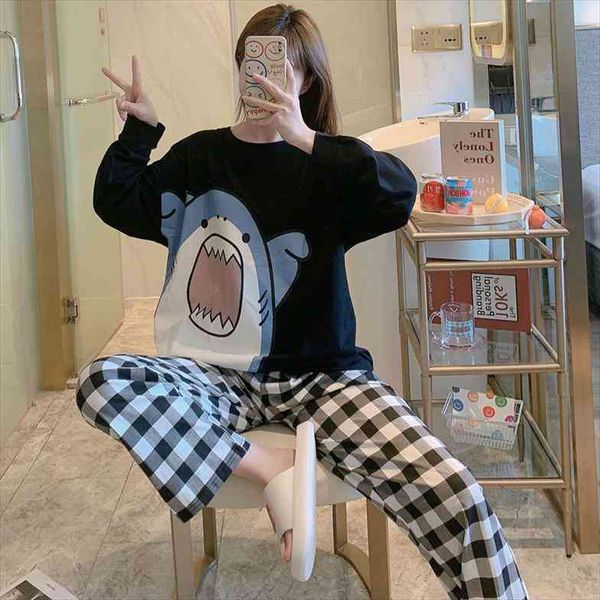 korean black white plaid print women sleepwear pants pajamas girl winter long sleeve cute shark sleep warm ins plus, Black;red 
korean black white plaid print women sleepwear pants pajamas girl winter long sleeve cute shark sleep warm ins plus, Black;red
