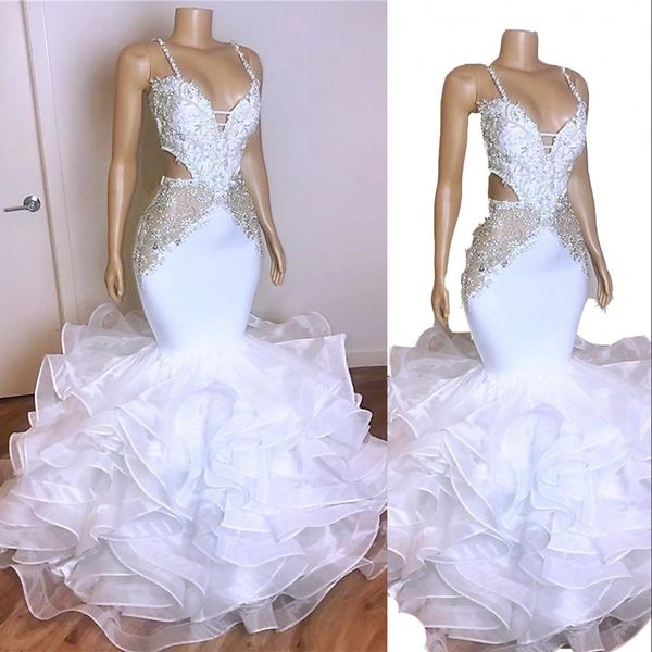 2022 white lace evening dresses wear mermaid spaghetti straps crystal beads ruffles tiered cutaway sides sleeveless prom dress open back for, Black;red 
2022 white lace evening dresses wear mermaid spaghetti straps crystal beads ruffles tiered cutaway sides sleeveless prom dress open back for, Black;red
