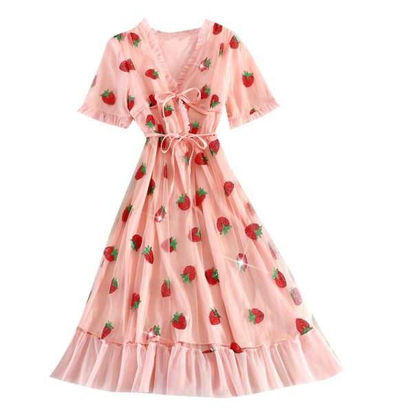 summer vintage ruffle strawberry women sweet v neck short sleeve boho es korean style pink long tulle, Black;gray
summer vintage ruffle strawberry women sweet v neck short sleeve boho es korean style pink long tulle, Black;gray
