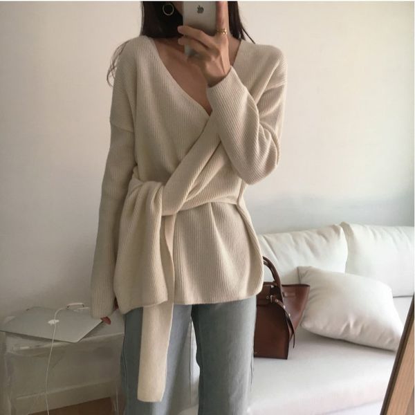 sweaters stylish feminine autumn v-neck cross lace up soft casual sweet all-match knitted loose sweaters, White;black
sweaters stylish feminine autumn v-neck cross lace up soft casual sweet all-match knitted loose sweaters, White;black