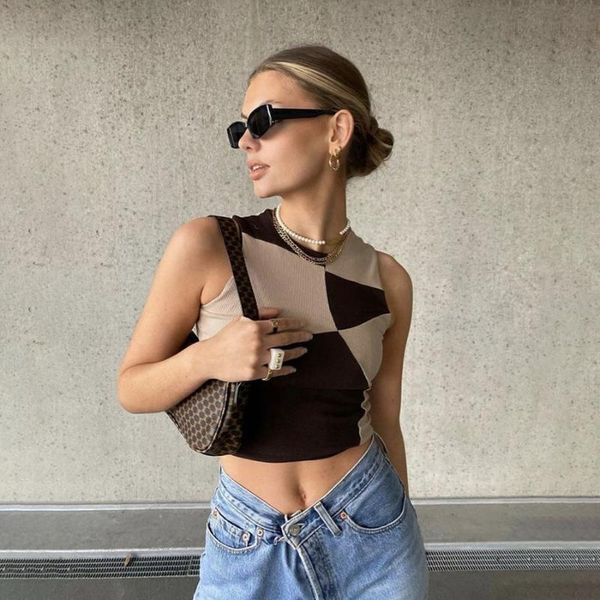 women's t-shirt sylcue summer individuality design sense beggar clothing retro stitching lattice slim sleeveless vest female all-match, White
women's t-shirt sylcue summer individuality design sense beggar clothing retro stitching lattice slim sleeveless vest female all-match, White