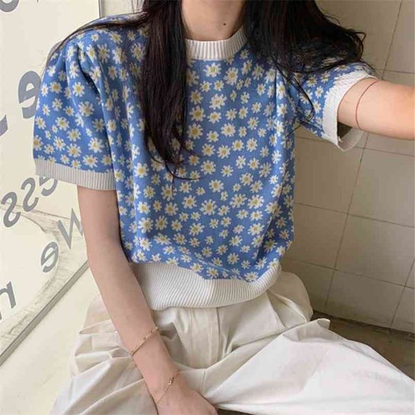 korea style women floral printed knitted t-shirt spring blue daisy print crop casual loose knitwear outerwear 210529, White
korea style women floral printed knitted t-shirt spring blue daisy print crop casual loose knitwear outerwear 210529, White