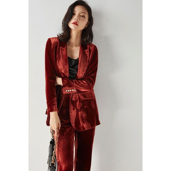 women's two piece pants suit jacket retro casual velvet female autumn wine red simple silk elegant pure color trousers, White
women's two piece pants suit jacket retro casual velvet female autumn wine red simple silk elegant pure color trousers, White