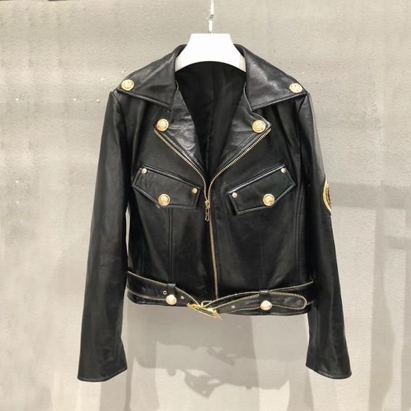 women's leather & faux coat spring short length 2021 fashion genuine jacket with letter pattern female clothes decorative buttons, Black
women's leather & faux coat spring short length 2021 fashion genuine jacket with letter pattern female clothes decorative buttons, Black