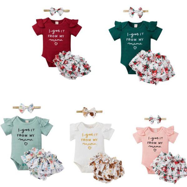 clothing sets baby girls 3pcs summer outfits 2021 short sleeve rib knit letter bodysuits + bowknot floral shorts headband set, White 
clothing sets baby girls 3pcs summer outfits 2021 short sleeve rib knit letter bodysuits + bowknot floral shorts headband set, White