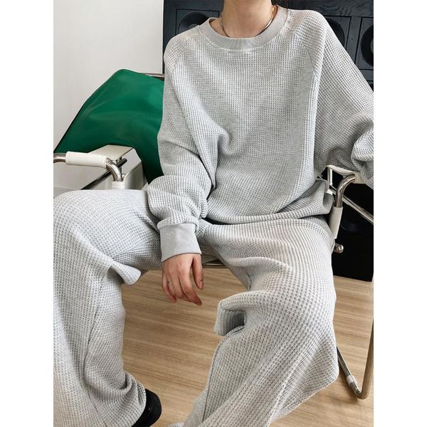 women's two piece pants korean style long sleeve waffle sweatshirt + wide leg pant 2 sets womens outfits for set women suit, White 
women's two piece pants korean style long sleeve waffle sweatshirt + wide leg pant 2 sets womens outfits for set women suit, White