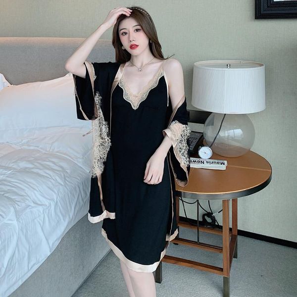 women's sleepwear bride dressing kimono bathrobe 2pcs robe sets v-neck lace nightgown lounge sleepshirt skirt summer modal home dress g, Black;red
women's sleepwear bride dressing kimono bathrobe 2pcs robe sets v-neck lace nightgown lounge sleepshirt skirt summer modal home dress g, Black;red