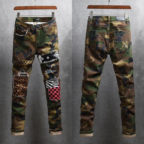 camouflage green jeans men's fashion personality worn patch trim slim feet pants, Blue
camouflage green jeans men's fashion personality worn patch trim slim feet pants, Blue