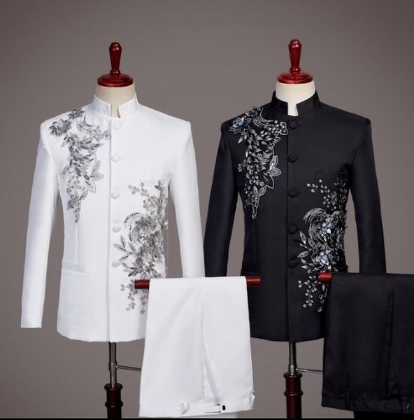 men's suits & blazers 2021 arrival stand collar slim men suit set with pants mens chinese tunic sequin formal dress groom + pant, White;black
men's suits & blazers 2021 arrival stand collar slim men suit set with pants mens chinese tunic sequin formal dress groom + pant, White;black