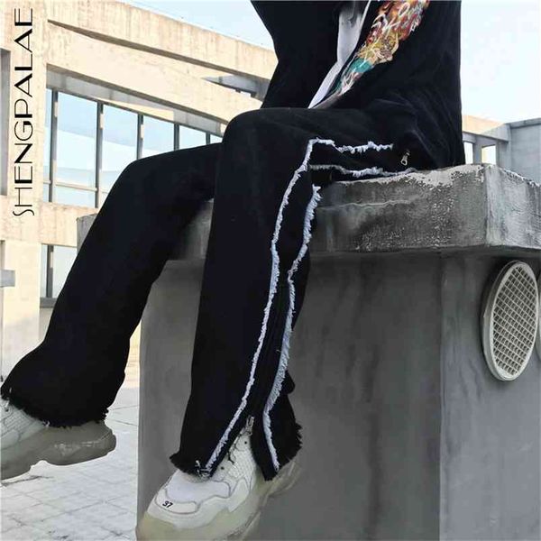 personality raw edge jeans women's spring high waist loose straight tube wide leg denim pants female 5b709 210427, Blue