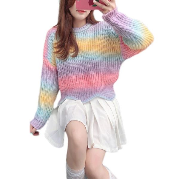 women's sweaters women autumn long sleeve o-neck sweater harajuku gradient rainbow striped pullover irregular wave hem knitwear jumper, White;black
women's sweaters women autumn long sleeve o-neck sweater harajuku gradient rainbow striped pullover irregular wave hem knitwear jumper, White;black