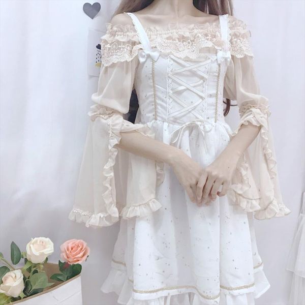 women's blouses & shirts dress kawaii lolita long-sleeved chiffon slash neck ji-sleeved lace blouse, White
women's blouses & shirts dress kawaii lolita long-sleeved chiffon slash neck ji-sleeved lace blouse, White