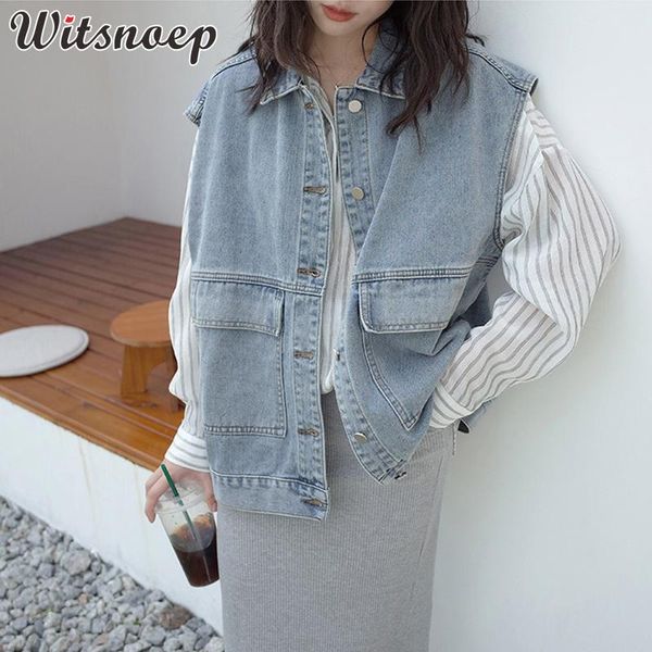 witsnoep 2021 spring denim vest for women single breasted big pocket sleeveless jacket coat woman korean student waistcoat women's vest, Black;white
witsnoep 2021 spring denim vest for women single breasted big pocket sleeveless jacket coat woman korean student waistcoat women's vest, Black;white