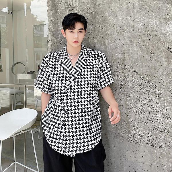 men's casual shirts houndstooth net celebrity double-breasted short sleeve loose shirt blazers man vintage suit collar, White;black
men's casual shirts houndstooth net celebrity double-breasted short sleeve loose shirt blazers man vintage suit collar, White;black