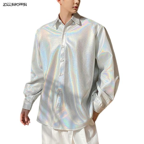 men's casual shirts shiny silver men long sleeve shirt turn down collar single breasted 2021 spring club dj costume mens loose, White;black
men's casual shirts shiny silver men long sleeve shirt turn down collar single breasted 2021 spring club dj costume mens loose, White;black