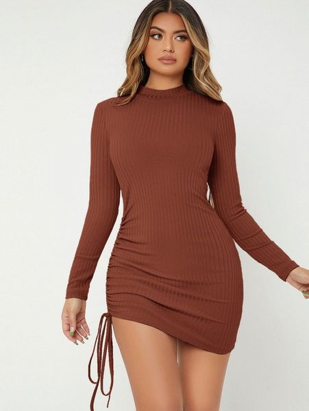 drawstring side rib-knit bodycon dress g7dg#, Black;gray