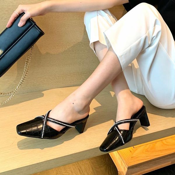 women slippers spring square toe low heels mules sandals shoes for woman fashion luxury rhinestone female heel slides, Black
women slippers spring square toe low heels mules sandals shoes for woman fashion luxury rhinestone female heel slides, Black