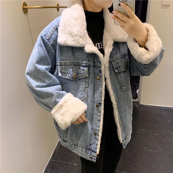 women's jackets 2021 winter light blue denim jacket outerwear warm coat large size lamb wool lining thickened, Black;brown
women's jackets 2021 winter light blue denim jacket outerwear warm coat large size lamb wool lining thickened, Black;brown