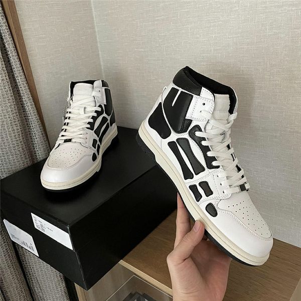 

bone pattern couple high top shoes cool fashion design Mens womens sneakers flat White leather shoe classic version outdoor sneaker, Black-white 1