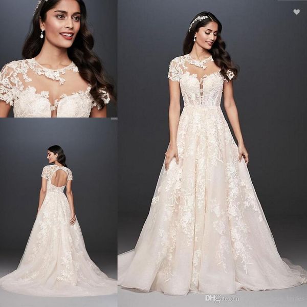 lace illusion cap sleeve ball gown wedding dress oleg cassini sheer o-neck lace applique open back david's bridal wedding gown, White
lace illusion cap sleeve ball gown wedding dress oleg cassini sheer o-neck lace applique open back david's bridal wedding gown, White