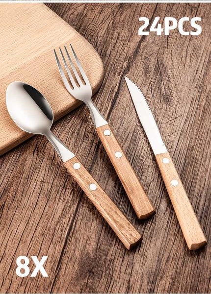 dinnerware sets 24pcs knife fork spoon with wood handle tableware set stainless steel cutlery western kitchen supplies
dinnerware sets 24pcs knife fork spoon with wood handle tableware set stainless steel cutlery western kitchen supplies