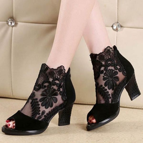 fashion women high heels peep toe lace flower heel ankle strap net surface hollow out sandals dress shoes, Black
fashion women high heels peep toe lace flower heel ankle strap net surface hollow out sandals dress shoes, Black