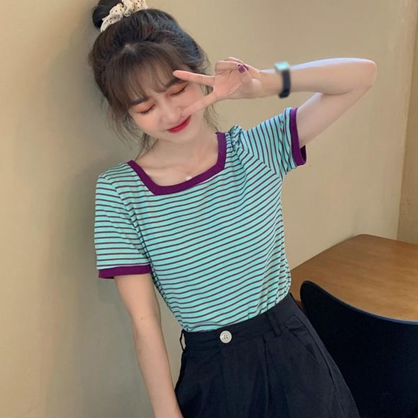 women's t-shirt women square collar knitted fashion female short sleeve t-shirts casual striped summer tee shirt, White
women's t-shirt women square collar knitted fashion female short sleeve t-shirts casual striped summer tee shirt, White