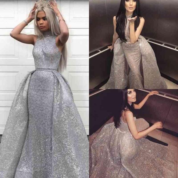 sparkly silver sequins prom dresses high neck sleeveless with overskirt floor length custom made evening party gown formal occasion wear ves, Black
sparkly silver sequins prom dresses high neck sleeveless with overskirt floor length custom made evening party gown formal occasion wear ves, Black