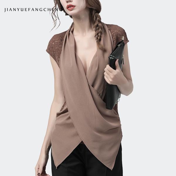 women's blouses & shirts fashion chiffon spliced lace women summer crossed design deep v-neck short sleeve irregular female office, White
women's blouses & shirts fashion chiffon spliced lace women summer crossed design deep v-neck short sleeve irregular female office, White