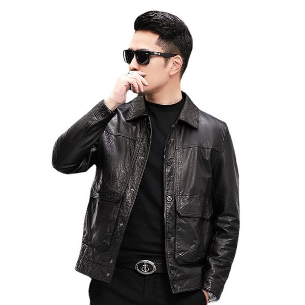 haining leather men's layer coat lapel short embroidered men's 2021 new leather et, Black
haining leather men's layer coat lapel short embroidered men's 2021 new leather et, Black