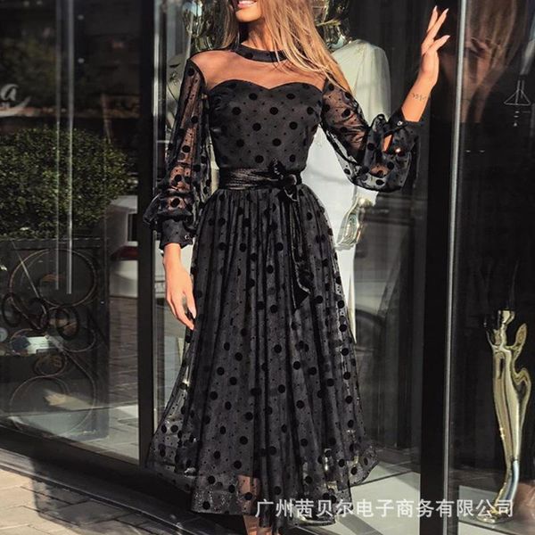 style black polka dot net gauze lantern sleeve dress-need belt casual dresses, Black;gray
style black polka dot net gauze lantern sleeve dress-need belt casual dresses, Black;gray