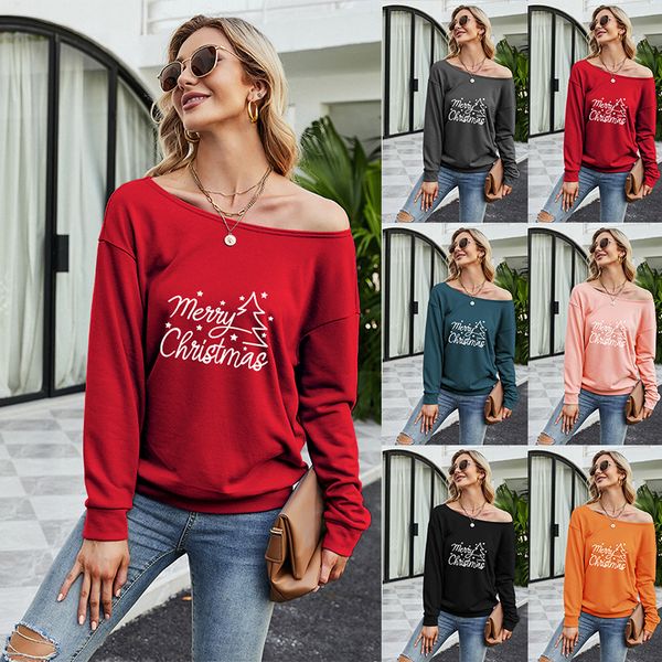 2021 casual diagonal collar christmas simple letter printing women's long sleeved sweater, Black
2021 casual diagonal collar christmas simple letter printing women's long sleeved sweater, Black