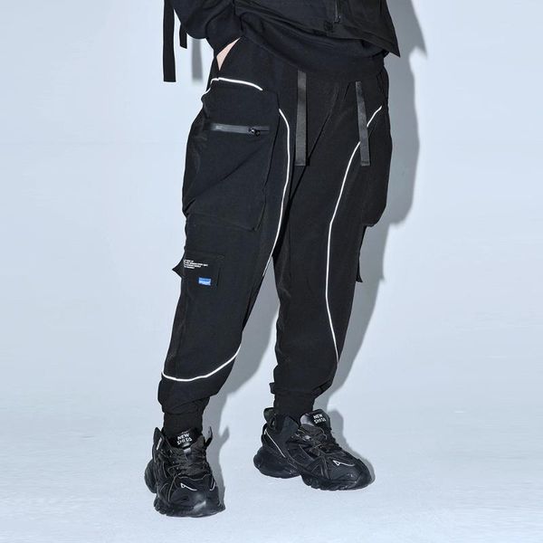 men reflective stripe with belt streetwear hip hop loose casual cargo pants male high street ankle-length harem trousers men's, Black
men reflective stripe with belt streetwear hip hop loose casual cargo pants male high street ankle-length harem trousers men's, Black