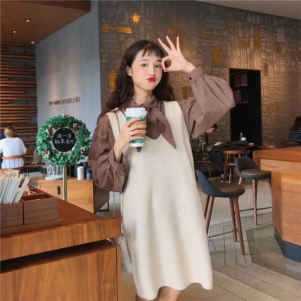 spring women's casual lap long sleeve student shirt + vest sweater dress two-piece suit two piece pants, White
spring women's casual lap long sleeve student shirt + vest sweater dress two-piece suit two piece pants, White