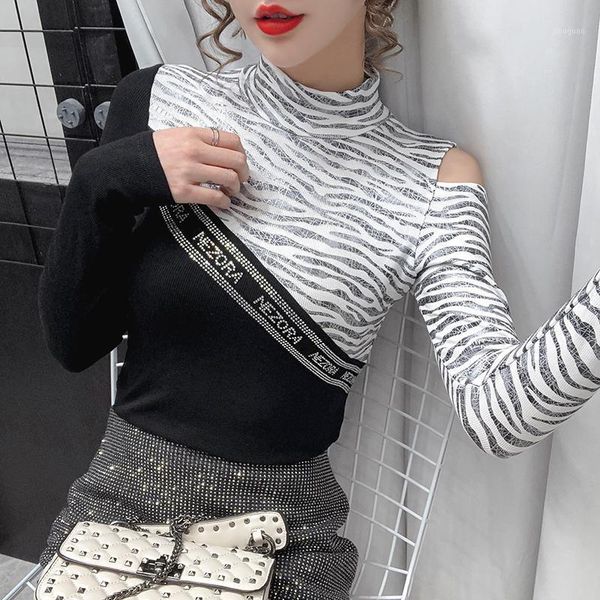 women's t-shirt #5805 spliced color off shoulder t shirt for women casual tight long sleeve turtleneck female diamonds spring 2021, White
women's t-shirt #5805 spliced color off shoulder t shirt for women casual tight long sleeve turtleneck female diamonds spring 2021, White