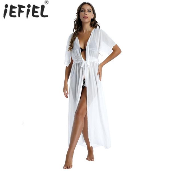 women's swimwear summer women cardigan belted maxi dress chiffon cover ups with drawstring open front bikini nightwear for beach party, White;black
women's swimwear summer women cardigan belted maxi dress chiffon cover ups with drawstring open front bikini nightwear for beach party, White;black